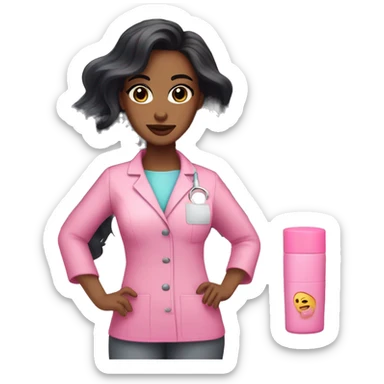 Pretty esthetician with long black wavy hair and pink scrubs pretty eyes and pink lipstick sticker