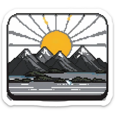 A pixel art icon with a gray rectangle, rounded corners, white sub-rectangle with black border, black mountains, sun, and four gray stripes. sticker