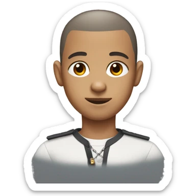 boy with buzzcut, with gray donkey ears, brown eyes, cross-eyed, wearing collar sticker