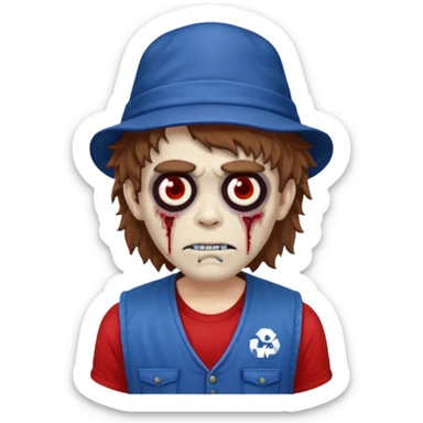 brown fluffy hair zombie with blue and white hat dark blue jilet red t shirt sticker