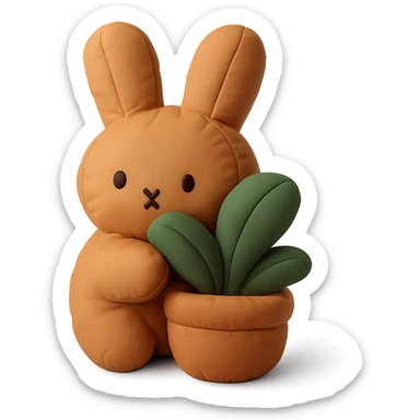 cinnamon bunny peeking behind a plant, cushion style sticker
