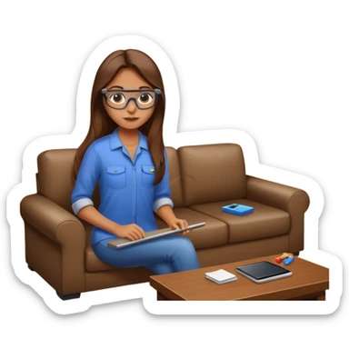 beautiful girl with long brown hair constructing new lounge room area with flat screen tv and couch sticker