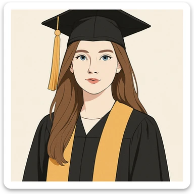 light brown haired girl with long hair, blue eyes, and pale skin wearing graduation regalia, clean modern illustration style sticker