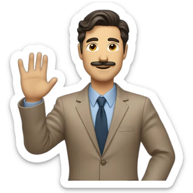 Man with light brown suit, dark hair and small mustache. He waving for a cab sticker