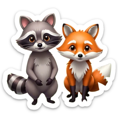 Collage of a raccoon and a fox, in close-up, set in a beautiful forest with tall trees, green bushes, and sunlight filtering through the leaves and flowers. Both animals look curious and playful. A vibrant, wild atmosphere with a transparent background. sticker