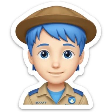 very handsome boy big blue eyes, scout boy with, blue hair and hat sticker