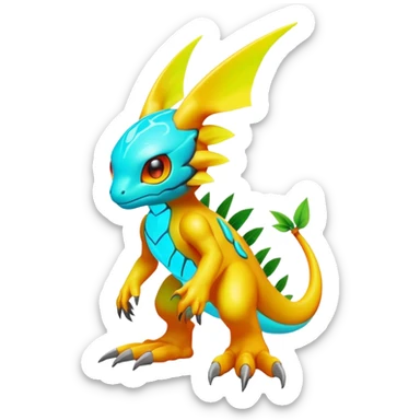Tropical futuristic lush warm-colored neon-colored Fakémon-Digimon-creature (full body) sticker