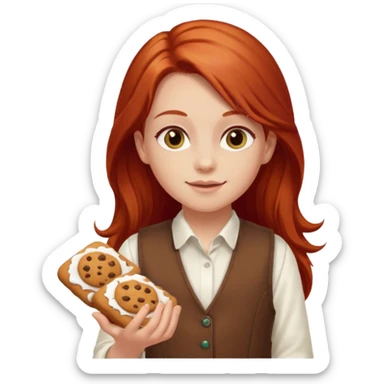 white girl scout with red long hair selling cookies with a brown vest and white shirt under vest. She should be around 10 years old sticker