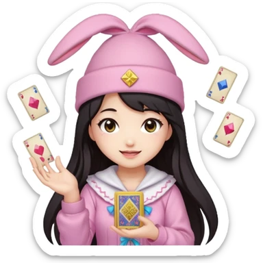 pixel art chibi asian girl with dark long hair in pink bunny hat magical girl with kawaii tarot cards thrown in air pixel emoji sticker