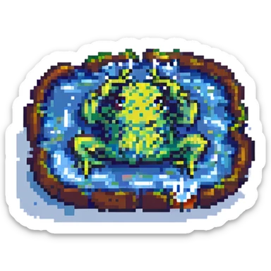 a sad frog in pixel art style, melting into a puddle sticker