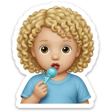 Close-up, curly blonde-haired toddler, pacifier sticker