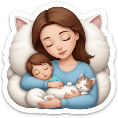 White girl brown hair sleeping with white kitty and baby son sticker