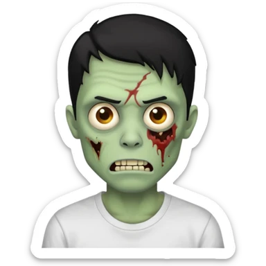 Rosto de frente classico de zombie boca meio torta cabelos medios pretos low fade com pele verde clara camiseta branca sticker