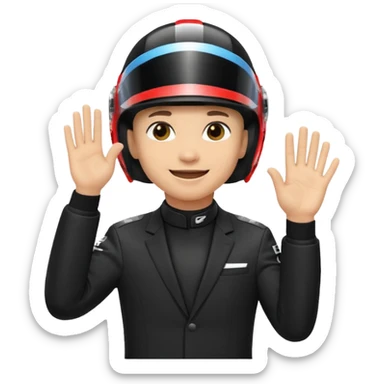 A red-bull f1 driver wearing the f1 black suit and helmet raising his hand as he celebrate sticker