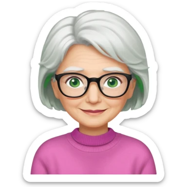 White hair grandma, green eyes, hair to shoulder, lokeg black glasses, rectangles face, smile , sticker