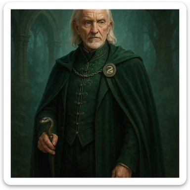 aged Draco Malfoy, distinguished, silver hair, cane, Slytherin colors, fantasy character sticker