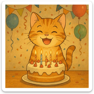 ginger tabby kitten with birthday cake, festive decorations, happy expression, ghibli style birthday scene sticker