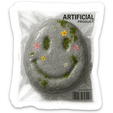 large light gray stone with scattered small colorful flowers and patches of green moss, glossy and puffy sticker