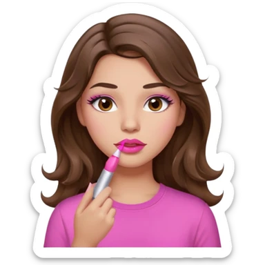 girl with long wavy brown hair, brown eyes, light to medium complexion, in a pink shirt, pink lips, long lashes, puckered lips, putting on lipstick sticker