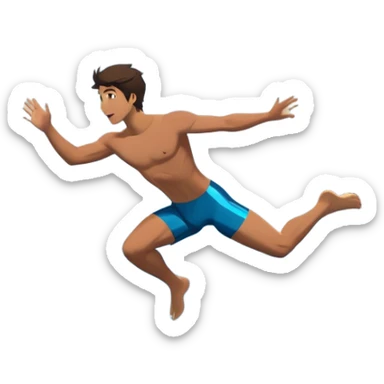 A diver mid-air, plunging from a high cliff into the sparkling ocean below. The background features rugged cliffs, clear blue water, and a bright sky, emphasizing the excitement and danger of the sport with a sense of freedom and adventure. sticker