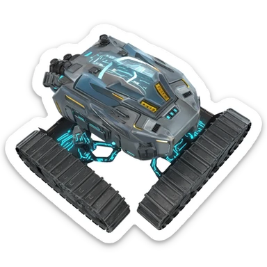 A top down view of a robot with tank tracks, in a cyber punk futuristic style far beyond what is currently available today, from the year 3000, the camera needs to be directly above the robot looking down sticker