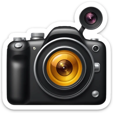 The camera features a solid black body with a shiny lens. sticker