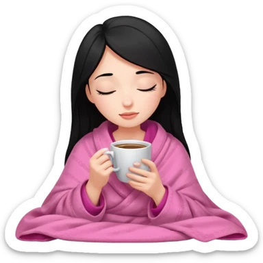 black haired girl inside a pink blanket sipping coffee with eyes closed and lashes sticker