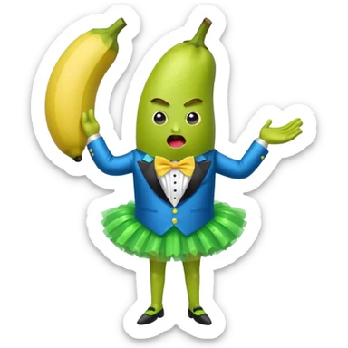 Angry blue banana fruit wearing a sparkly lime green tuxedo and tutu sticker