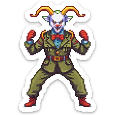 evil clown soldier with billy goat horns, fangs, pointed ears, leisure suit, fighting stance sticker