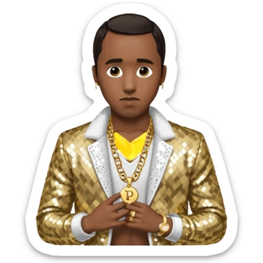 P. Diddy with dark brown hair, white sequin jacket, shirtless with necklace sticker