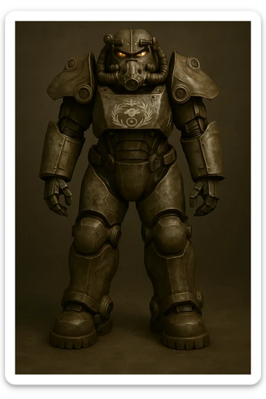 Add the Enclave logo on the chest of the X-01 power armor. Keep the battle-worn, scratched metal texture and glowing eyes effect, integrating the logo naturally into the worn look. sticker