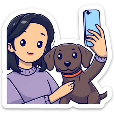 black hair asian girl taking selfie with black dachshund sticker