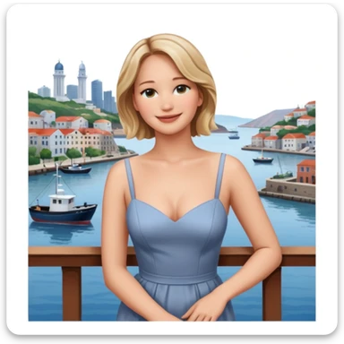 jennifer lawrence, closeup portrait , leaning on a balcony with a harbor and cityscape in the background, smiling sticker