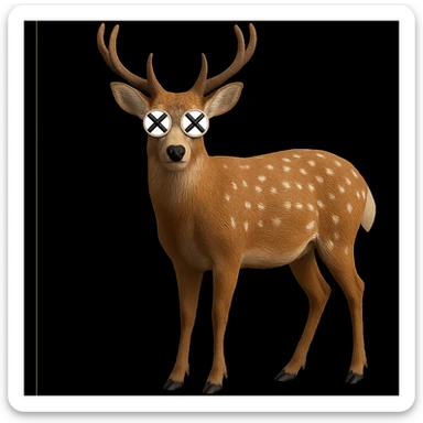 Overlay cartoon X's on the eyes of the deer, keep everything else 100% identical—pose, style, lighting, and background. Maintain the original style and look exactly as in the reference image. sticker