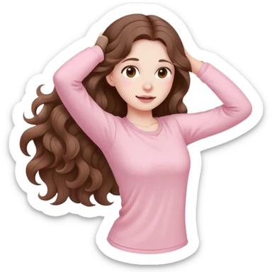 A girl with long brown wavy hair and pale pink clothes is stretching sticker