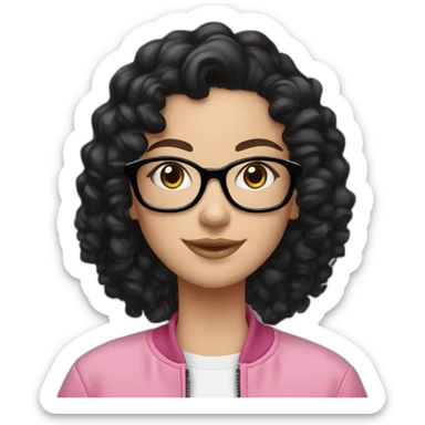 white Girl with black curly hair, ear piercings and smile,pink fleece jacket and glasses on her head sticker