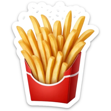 Cinematic crispy golden French fries, piled high, sprinkled with salt, served in a red carton, warm and inviting, rich golden hues, perfectly crunchy and delicious. sticker