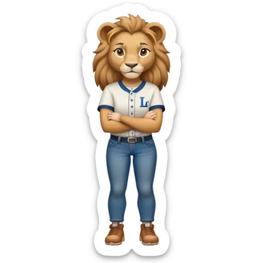 determined anthropomorphised female lion in a baseball shirt and jeans with arms folded, confident stance sticker