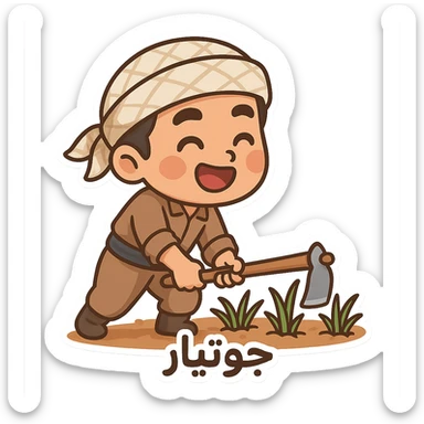 chibi cartoon sticker of a Kurdish farmer (جوتیار) working in the field, cheerful style sticker