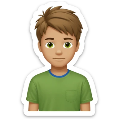 A 14 yerar old teenage boy, slightly tanned, wearing a green tshirt, blue jeans and green sneakers with brown tousled hair, smirking sticker