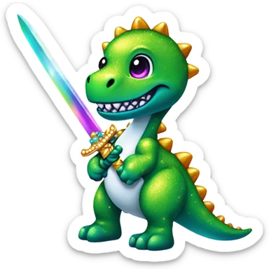 Lisa frank glitter rainbow cute dinosaur with sword and pearls sticker
