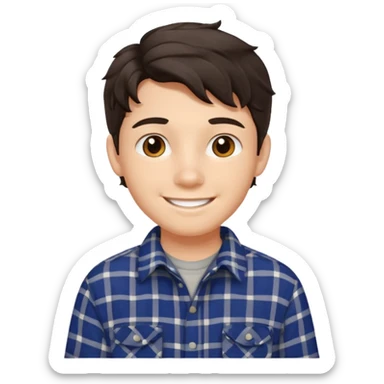 emoji of a teenage boy, wavy dark hair, wearing a plaid shirt, smiling sticker