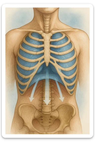 A realistic, high-quality anatomical illustration showing a human torso with visible rib cage and diaphragm. The ribs are shown in a decompressed, expanded state, allowing full lung expansion, while the diaphragm is depicted as relaxed and lowered, indicating deep, efficient breathing. Soft blue and warm tones highlight airflow and lung capacity, with light arrows illustrating the air movement during diaphragmatic breathing. The image conveys a sense of calm, openness, and optimal breathing mechanics, useful for physiotherapy, breathing education, and osteopathic learning contexts realistica sticker