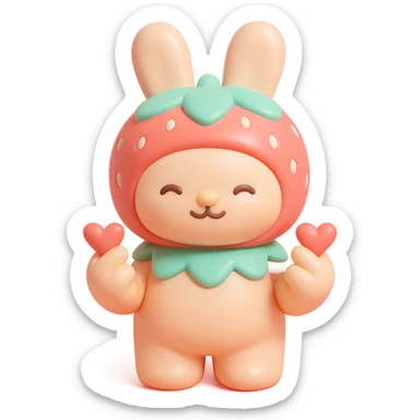 strawberry bunny making finger hearts, vinyl figure style sticker