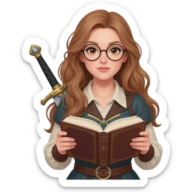 emoji style illustration of a woman with long light brown wavy hair, light brown eyes and round glasses holding an open book, with a sword on her back, fantasy heroine reader aesthetic sticker