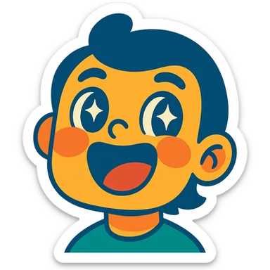 smile, open mouth, sparkling eyes, joyful expression, vibrant toon style sticker