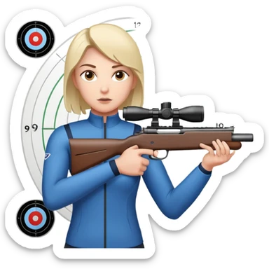 An athlete in shooting stance, focused on the target, holding a precision rifle. The background features a shooting range with targets set at various distances, highlighting control, concentration, and accuracy in the sport of competitive shooting. sticker