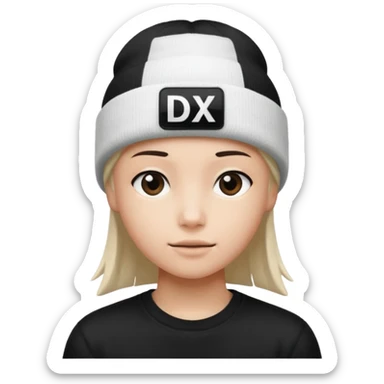 wearing a white beanie with an black square logo with the word "DX" written on it.

 sticker