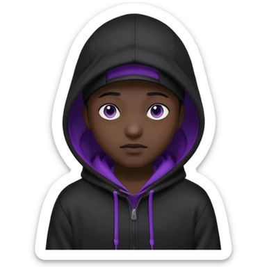 Cartoon blacked character related to a shadow, with all black clothes, focusing a hoodie with his cap on, no visible face because of the darkness, just his purple shadow eyes making a light bloom sticker