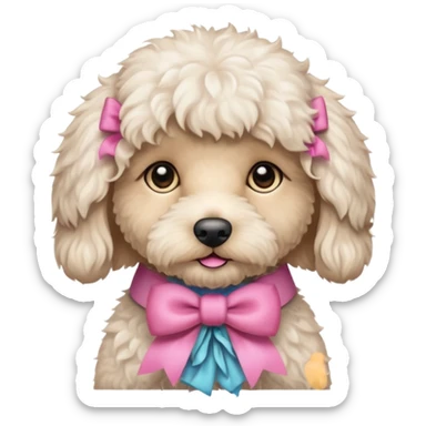 white fluffy labradoodle with light brown eyes and pink bow sticker